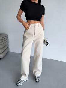 EURMUSE 100% Cotton High Waist Straight Leg Jean - Beige - View 4