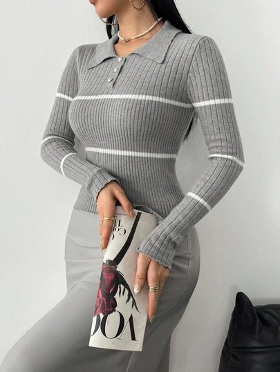 Modelyn Women's Striped Decorative Polo Neck Grey Sweater