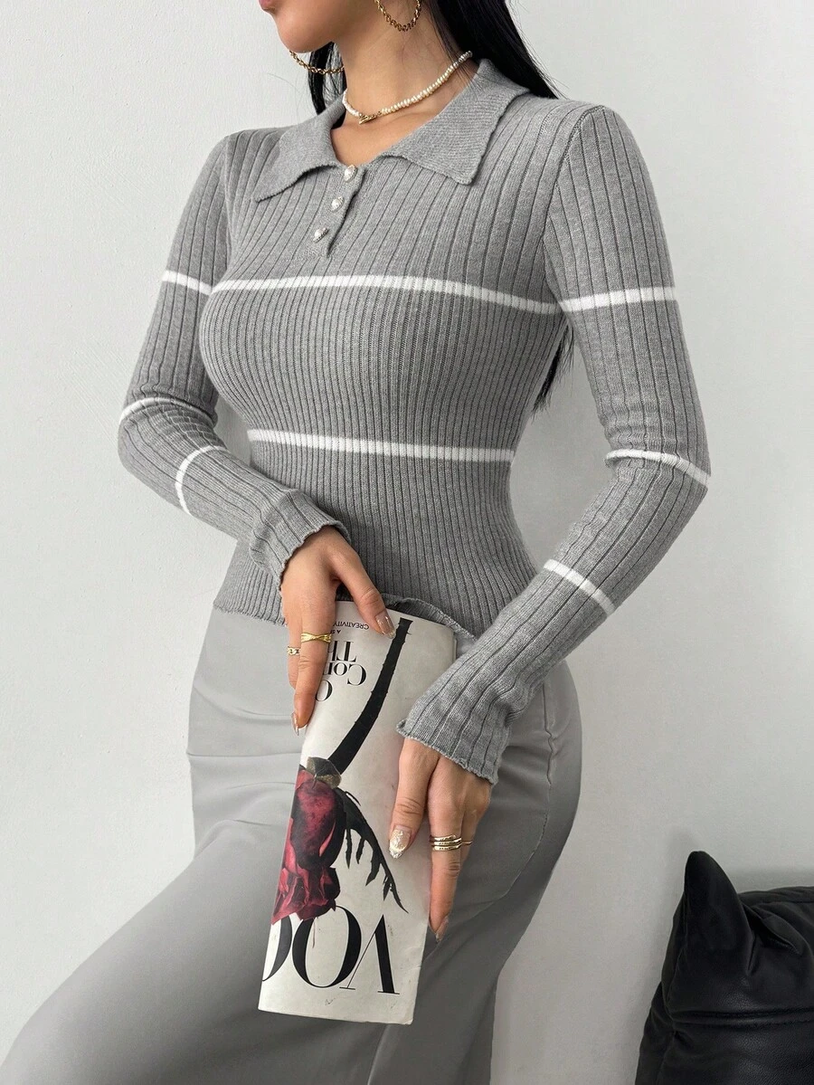 Modelyn 女式条纹装饰高领灰色毛衣 - 淺灰色 - 查看 1