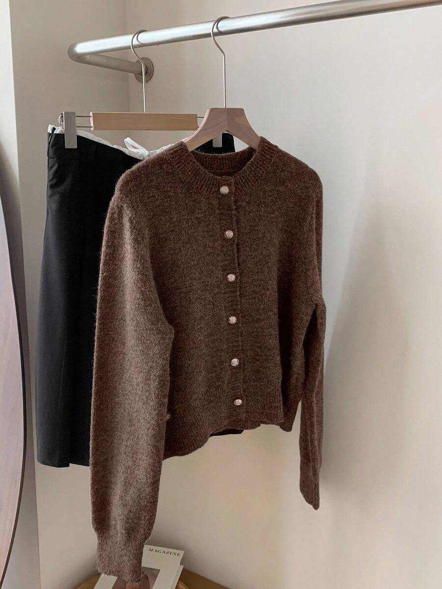 DAZY Women's Loose Casual Metal Buckle Decor Solid Color Knitted Cardigan, Autumn/Winter - Brown - View 1