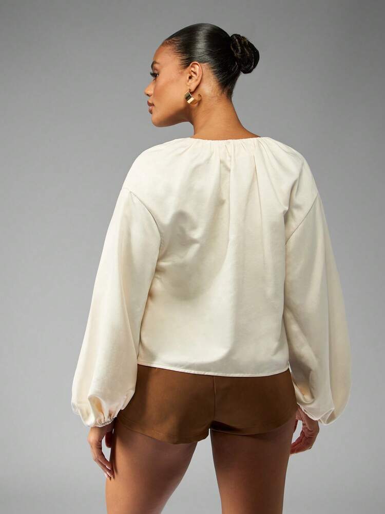MISSGUIDED Elegant Long Balloon Sleeve Ruched Front Blouse V Neck Tie Front Top Holiday Party Evening Special Occasion Statement Piece Fashion Top