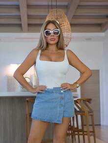 Button Front Denim Skort - Light Wash - View 3