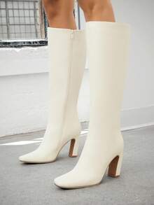 SHUZIA #RunwayReady Women's 3.5'' Slanted Block Heel & Sleek Square Toe Pu Knee High Boots–A Chic, Versatile Essential For Day-To-Night Looks With Modern Edge & All-Day Comfort. - White - View 4