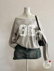 Attitoon Casual Vintage Style White Lace-Like Pattern, Numeric 86 Placement Print, Sexy Off-Shoulder Loose Fit Long Sleeve Sweatshirt For Women, Suitable For Fall/Winter, Vintage, Sexy, Cute, Y2K, Bohemian, Hippie, Music Festival, Punk, Y2K, Sexy Girl - Light Grey - View 1