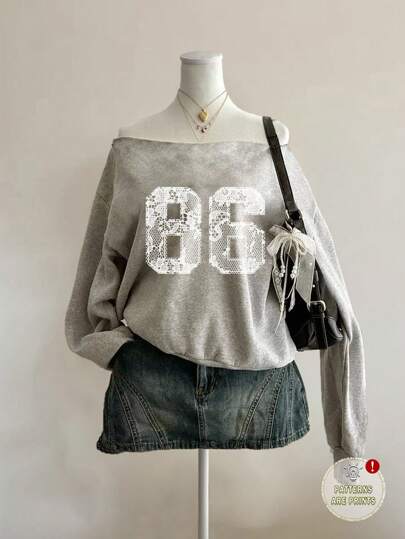 Attitoon Casual Vintage Style White Lace-Like Pattern, Numeric 86 Placement Print, Sexy Off-Shoulder Loose Fit Long Sleeve Sweatshirt For Women, Suitable For Fall/Winter, Vintage, Sexy, Cute, Y2K, Bohemian, Hippie, Music Festival, Punk, Y2K, Sexy Girl