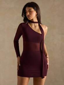 SHEIN BAE 女式纯色不对称肩部时尚连衣裙 - 棕色 - 查看 5