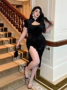 Flirla Black Velvet Cheongsam, Chinese Style Cheongsam, High Slit Short Sleeve, Elegant Halloween