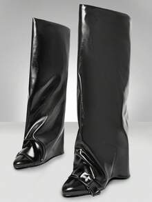 SHUZIA Women's Fashionable Sexy Point Toe Folded Hidden Wedge Boots - Black - View 8