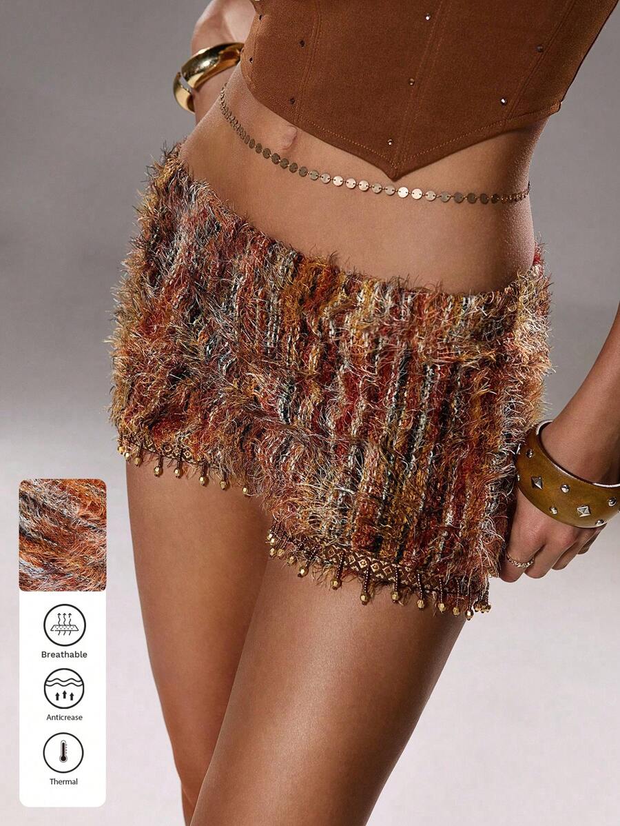 SHEIN Unity 1pc Women's Brown Halloween Party Autumn/Winter Mixed Color Fuzzy Elastic Knit Fabric Retro Soft Beaded Fitted Shorts, Casual & - Brown - View 1