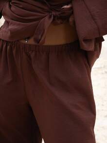 MUSERA 大码弹力阔腿裤套装，仅限裤子，可爱夏季假日优雅度假时尚性感场合曲线魅力复活节休闲装 - 棕色 - 查看 5