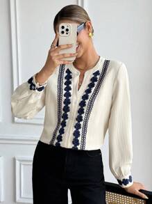 Serisse Áo sơ mi nữ dài tay ren kiểu Pháp, thích hợp mặc đi làm, mùa thu, dành cho nữ công sở, nữ giáo viên, mùa tựu trường, áo kiểu thêu, áo công sở mùa đông, mùa xuân. - Màu be - Xem 6