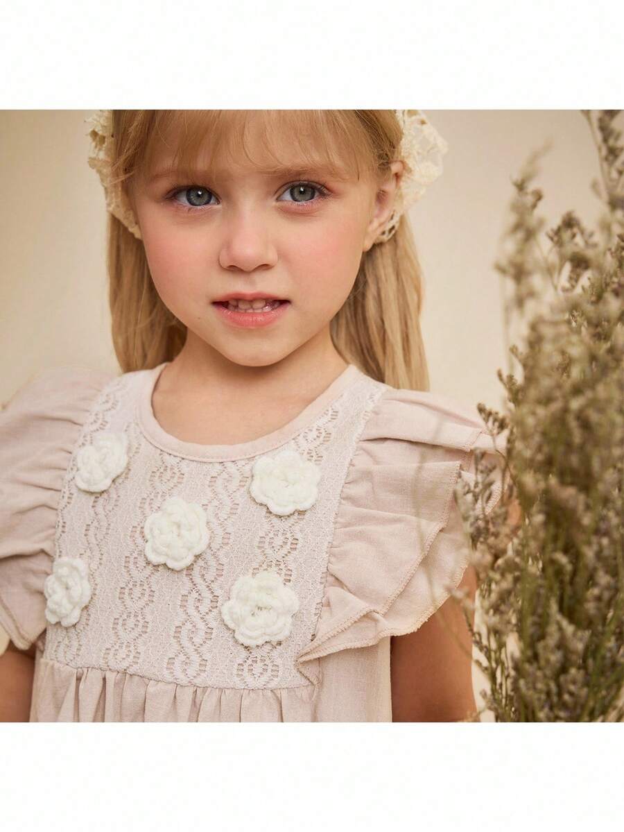 Loomiva Young Girl Floral Ruffle Trim Cinched Waist Short Sleeve Casual Dress, White/Beige - Apricot - View 1