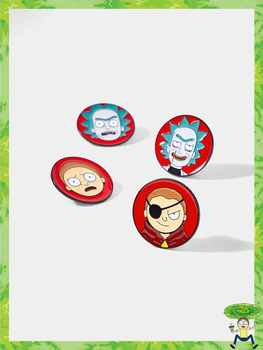 Rick and Morty X SHEIN 4 件套卡通人物珐琅胸针，创意合金徽章装饰配件 - 彩色 - 查看 1