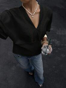 Siren Gaze Blusa de mezcla de lino con encaje a rayas para mujer