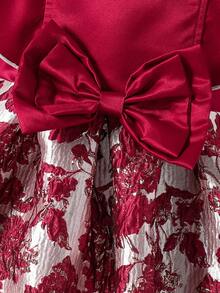 Vestido elegante de cetim com patchwork floral e jacquard com laço para meninas pré-adolescentes - Borgonha - Ver 4