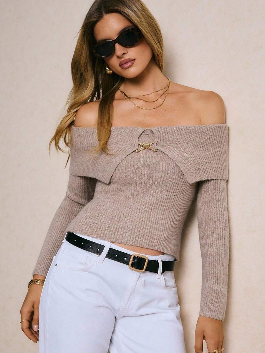 Poéselle Maglione corto casual da donna a spalle scoperte di colore unito - Cachi - Visualizzare 1