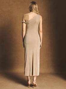 Poéselle Damen elegantes einfarbiges Midikleid mit asymmetrischem Ausschnitt und Wickeldetail, Sommer - Khaki - Übersicht 6