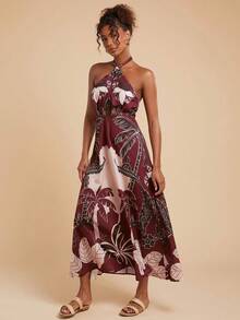 Travachic Women's Halter Backless Sleeveless Plant Pattern Print Dress Fall Outfits Women Winter Clothes For Women Halter Maxi Dress Tropical Print Maxi Dress Vacation Maxi Dress Dinner Maxi Dress,Casual Woman Style, Fall Outfits For Women, Chic Autumn,Going Out Outfit,Elegant Outfits,Country Style For Women, Beach Wedding Guest Dress - Multicolor - View 2