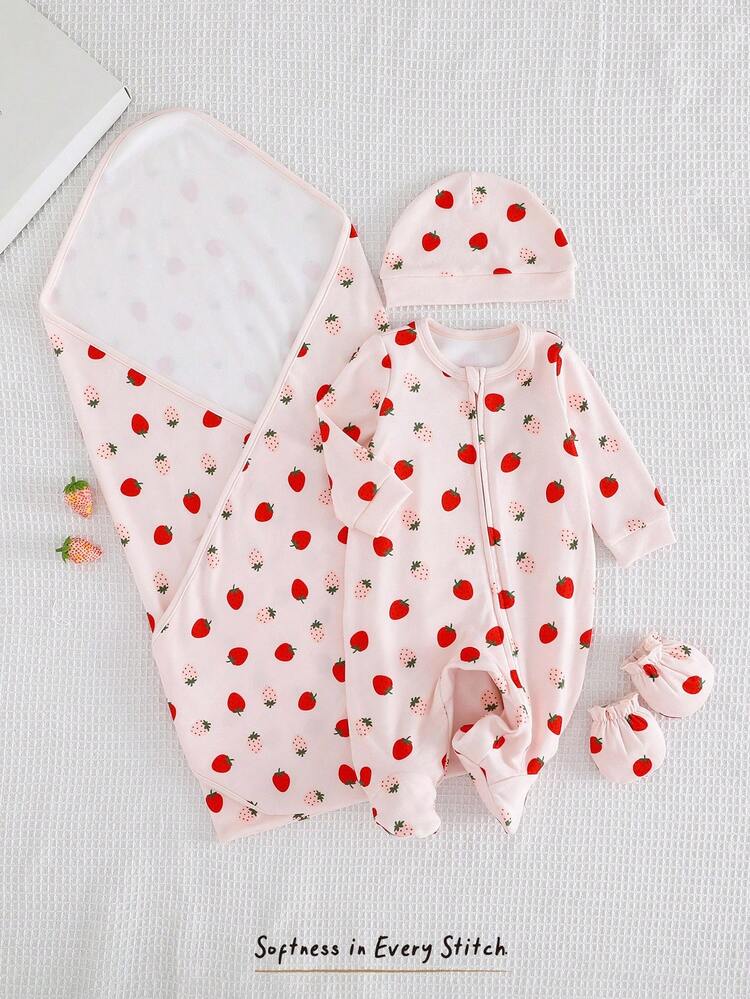 Cozy Pixies 新生儿4件套可爱草莓套装，柔和的粉红色使其更加可爱和充满活力 - 粉色 - 查看 3