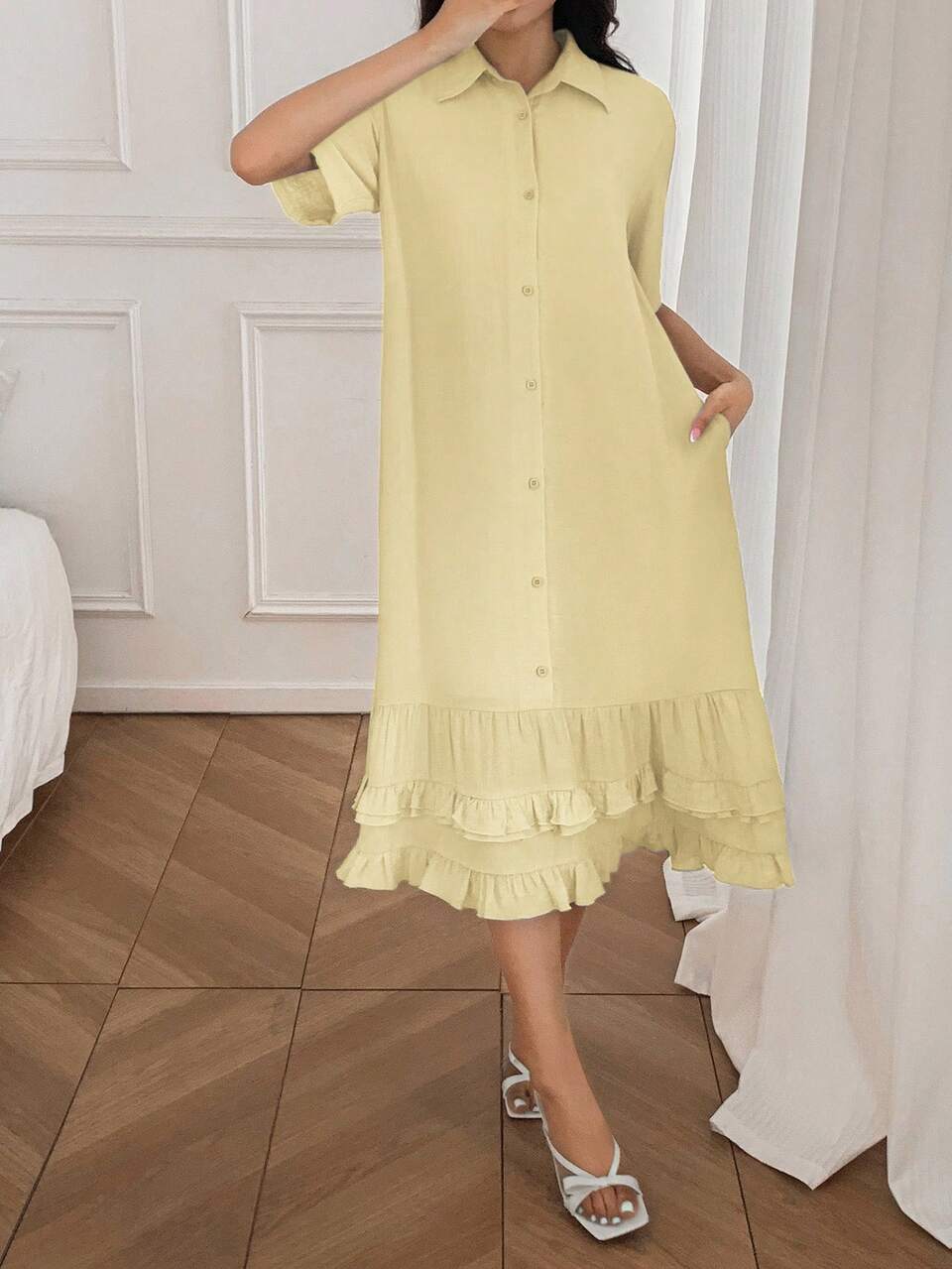 Women's Elegant Ruffled Collar Loose Mid-Length Dress Summer Women Dresses Sundress
