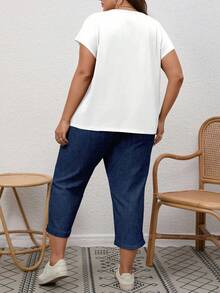 EMERY ROSE 2pcs/Set Plus Size Women Faux Denim Texture Heart Print Short Sleeve Top And Pants Casual Outfit Suitable For Going Out,Holiday Outfits For Women - Navy Blue - View 2