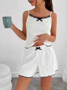 RueChic Wonen Contrast Colour Lace&Lettuce Trim Cami Top And Lettuce Trim Detail Lounge Shorts Homewear Set - White - View 3