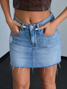 EURMUSE WOMEN LOW WAIST MINI SKIRT RAW EDGE MEDIUM BLUE WASH - Medium Wash - View 3