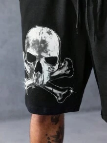 ROMWE MEN Goth Men's Skeleton Print Drawstring Waist Pocket Casual Shorts, Halloween - Black - View 6