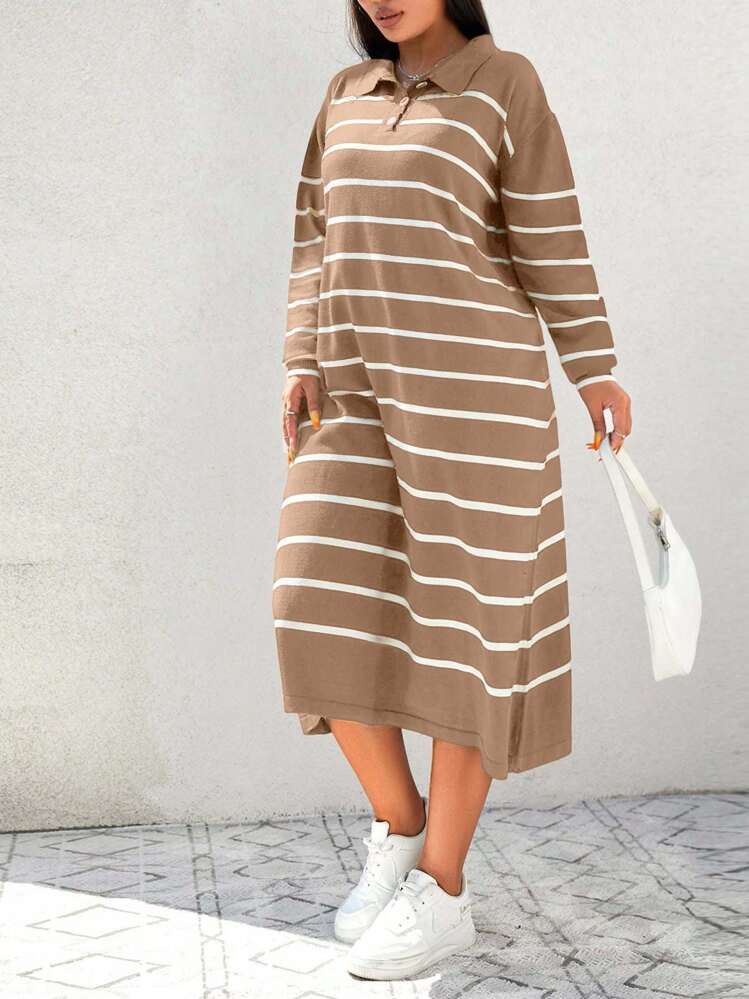 SHEIN Cottnline 加大碼條紋圓領毛衣連衣裙 - 駝色 - 查看 5