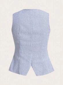 Siren Gaze 女士蓝色条纹优雅纽扣上衣，适合办公室穿着，复古风格夏季休闲装 - 彩色 - 查看 2