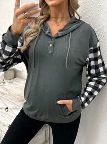 SHEIN Maternity Sweatshirt With Ribbed Cuffs & Hem, Long Sleeve Hooded, Digital Print Plaid Patchwork, Front Button Tie, Front Pouch Pocket - Dark Grey - View 5