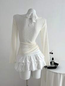 Elamini Bowknot Contrast Lace Halter Tie Ruched Waist Fitted Long Sleeve T-Shirt Fall Cloth For Women - Apricot - View 2