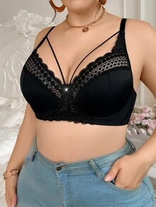 SHEIN 1 Áo ngực ren đen vá có gọng cỡ lớn thoải mái mỏng nhẹ - màu đen - Xem 4