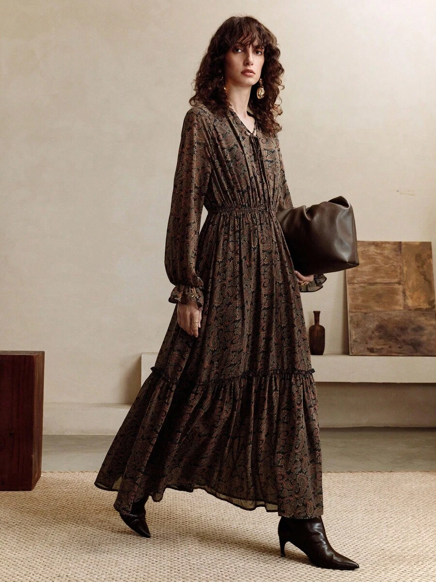 Revavyn Váy Maxi Chiffon Họa Tiết Hoa Tay Phồng Phong Cách Bohemian, Thời Trang Đi Làm - Đỏ - Xem 1