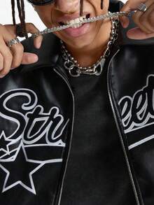 AXEPEAK Plus Size Men's Long Sleeve Casual Fashion Street Hooded PU Leather Jacket With Letter & Star Embroidery, Loose Fit Zip-Up, Autumn, For Fall Winter