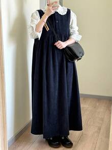 FRIFUL 女士藏蓝色纯色圆领无袖褶皱连衣裙，秋季连衣裙，户外连衣裙，女士秋季服装夏季女装连衣裙 - 藏蓝色 - 查看 5