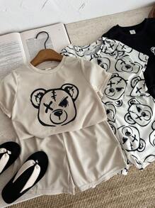 SHEIN 6 Stücke Set mit süßem Cartoon-Bären-Print, Rundhalsausschnitt, kurzärmeligem T-Shirt und Shorts mit elastischer Taille für junge Kleine Jungen - Verschiedenfarbig - Übersicht 6