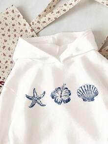 SHEIN Vintage Beachside Casual Vacation Blue Starfish & Hibiscus Pattern, Tween Girls Graphic Hoodie Sweatshirt, Thick Warm Pullover For Autumn/Winter, Vacay Vibes, Miami Girl, Chill Chill, Autumn Outfits For Easy Comfort, Autumn Layers For Girls, Stylish Tween Girl, Casual Wear, Graphic Hoodie, Fall Clothes