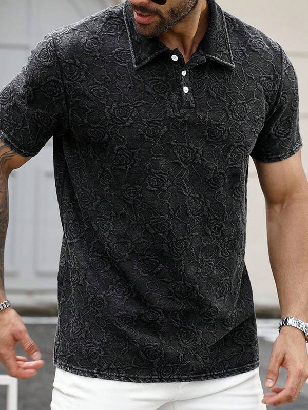 Manfinity Homme 大码男士花卉提花短袖休闲通勤 Polo 衫