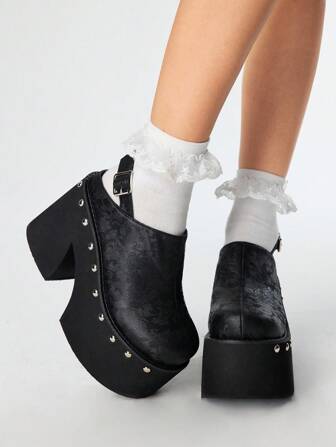 Goth Women's Thick Bottom Embroidered Platform Mule Sandals, Punk Style Metal Rivet Round Toe Adjustable Strap Comfortable Shoes