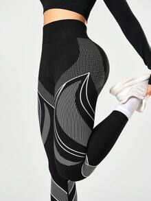 Easithlete Quần legging tập yoga họa tiết sọc liền mạch cạp cao màu đen cho nữ - màu đen - Xem 2