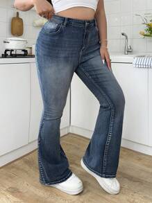 SHEIN MOD 大码蓝色休闲紧身喇叭牛仔裤 - 深色水洗藍 - 查看 3