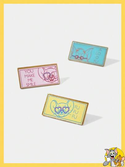 TOM & JERRY X SHEIN 3件装卡通多巴胺图案彩色金属胸针