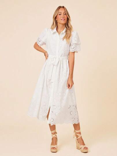 Coeurva 女士休闲刺绣领开衫花卉蕾丝边连衣裙女士夏季服装夏季夏季连衣裙女士白色连衣裙度假服装女士女士夏季服装波西米亚风度假连衣裙白色连衣裙优雅波西米亚风女装白色毕业礼服女士白色服装科切拉音乐节女士夏季连衣裙