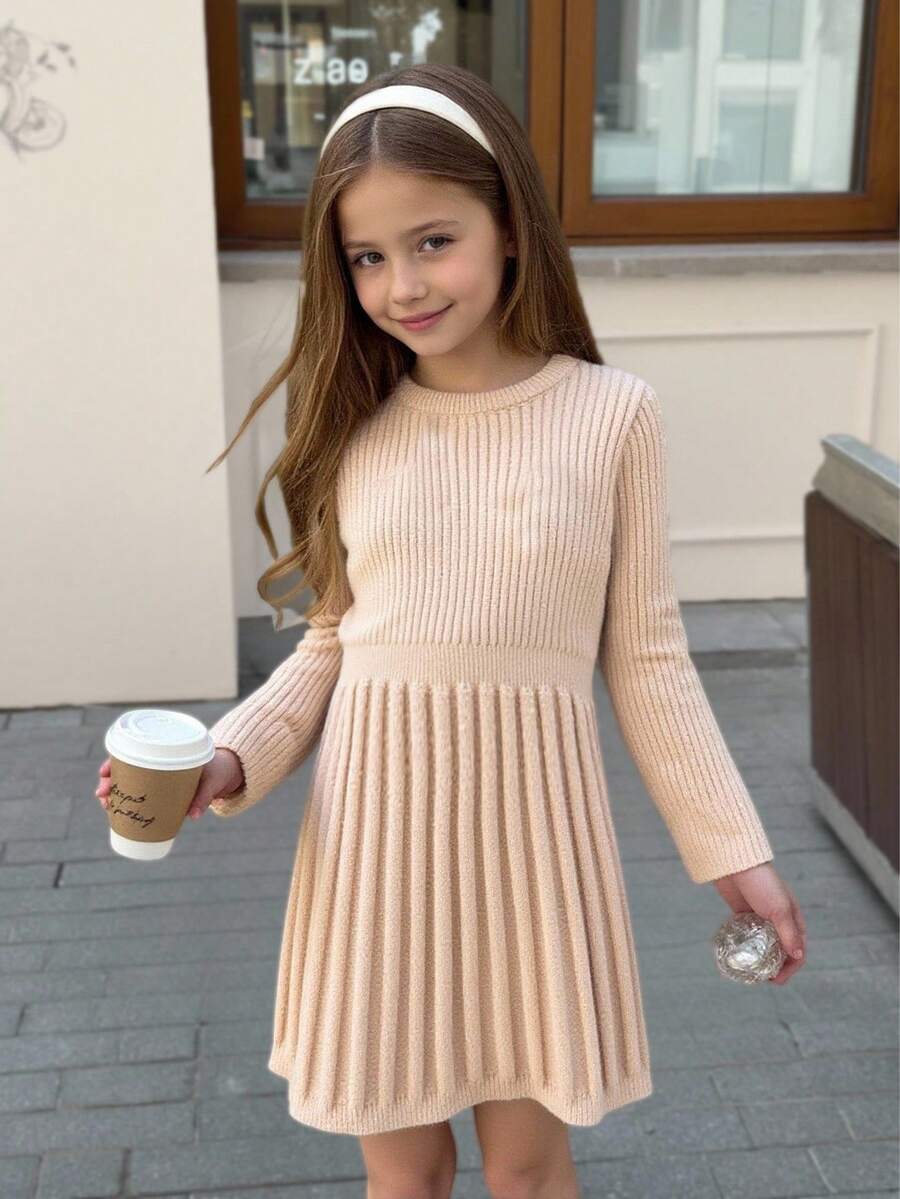 SHEIN 年轻女孩纯色圆领休闲毛衣裙 - 卡其色 - 查看 1