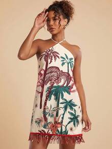 Travachic Váy ngắn tua rua đính cườm họa tiết cây cọ dành cho nữ, đi nghỉ - Nhiều màu - Xem 5