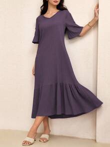 Lacomfia 2025年夏季新款女士V领褶皱A字连衣裙 - 紫色 - 查看 3