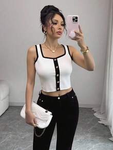 GlowEve 女士时尚简约拼色装饰纽扣吊带背心，适合夏季 - 黑與白 - 查看 3
