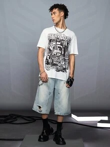 Transformers X SHEIN 男士字母与机器人图案圆领短袖T恤，2000年代风格 - 白色 - 查看 4