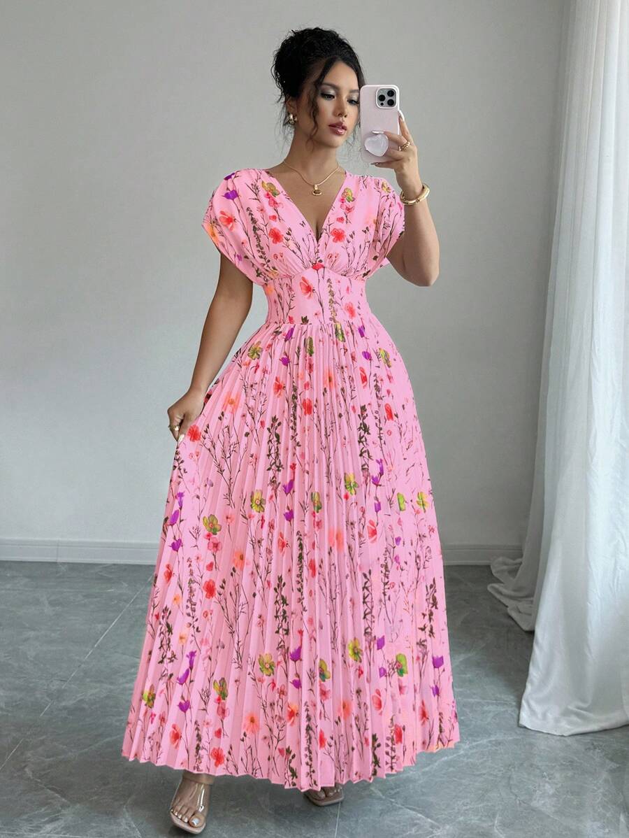 Rafferiza 优雅花卉印花褶饰腰部连衣裙，夏季 - 粉色 - 查看 1